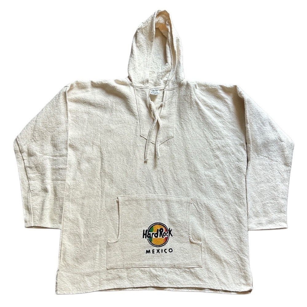 Hard Rock Café Mexico 90s Vintage Off White Poncho Hoodie Pullover Sweatshirt XL